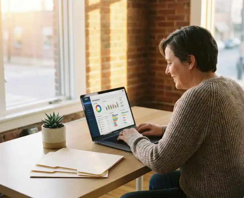 Selbstständige Unternehmerin am Holzschreibtisch mit CRM-Dashboard auf Laptop, warmes Abendlicht, Zimmerpflanze und Ordner im Hintergrund.