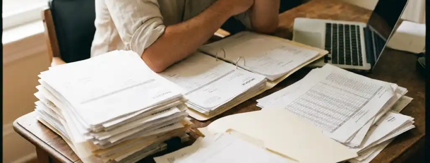 Selbstständiger am überfüllten Schreibtisch mit Stapeln handgeschriebener Rechnungen und Papiermappen, ungenutzter Laptop daneben.