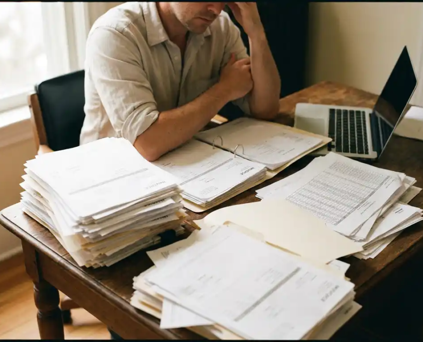 Selbstständiger am überfüllten Schreibtisch mit Stapeln handgeschriebener Rechnungen und Papiermappen, ungenutzter Laptop daneben.