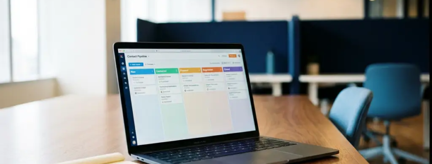 Laptop auf Konferenztisch zeigt farbiges Kontakt-Pipeline-Dashboard, daneben Notizbuch und Stift, modernes Büro im Hintergrund.