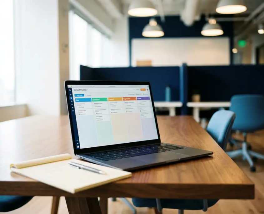 Laptop auf Konferenztisch zeigt farbiges Kontakt-Pipeline-Dashboard, daneben Notizbuch und Stift, modernes Büro im Hintergrund.