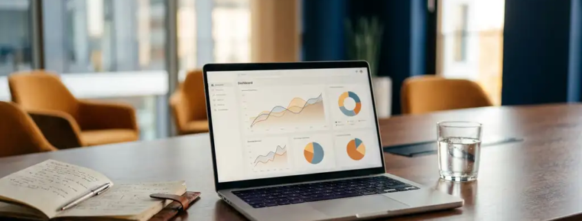 Aufgeklappter Laptop mit bunten Kundendaten-Diagrammen auf poliertem Konferenztisch, daneben ledernes Notizbuch und Wasserglas.