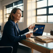 Geschäftsperson analysiert Kundendaten-Dashboard auf leuchtendem Laptop an modernem Bürotisch mit warmem Nachmittagslicht.