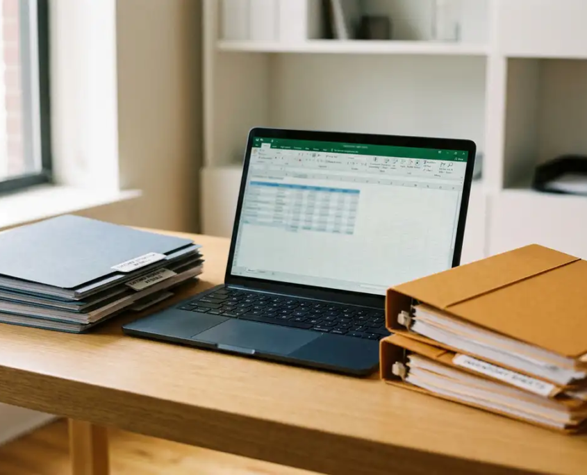 Aufgeklappter Laptop auf minimalistischem Schreibtisch, flankiert von sortierten Ordnern mit Kundendaten und Finanzunterlagen, natürliches Seitenlicht.