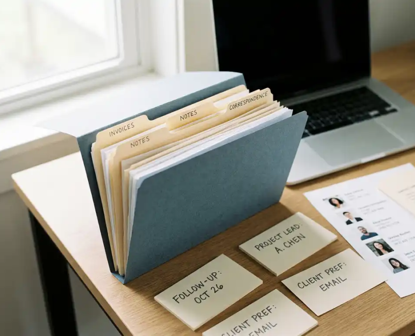 Geöffnete Kundenakte auf modernem Büroschreibtisch mit beschrifteten Karteikarten, Kontaktbogen und Laptop im Hintergrund.