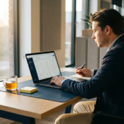 Vertriebsberater am modernen Schreibtisch mit Laptop und Kundenkontakthistorie, Haftnotizen und Kaffeetasse, warmes Bürolicht.