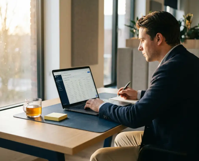 Vertriebsberater am modernen Schreibtisch mit Laptop und Kundenkontakthistorie, Haftnotizen und Kaffeetasse, warmes Bürolicht.