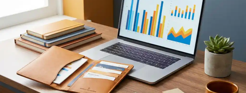 Moderner Schreibtisch mit geöffnetem Kundenkontaktordner, Laptop mit CRM-Diagrammen, Sukkulente und Kaffeetasse im warmen Licht.