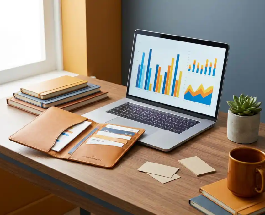 Moderner Schreibtisch mit geöffnetem Kundenkontaktordner, Laptop mit CRM-Diagrammen, Sukkulente und Kaffeetasse im warmen Licht.
