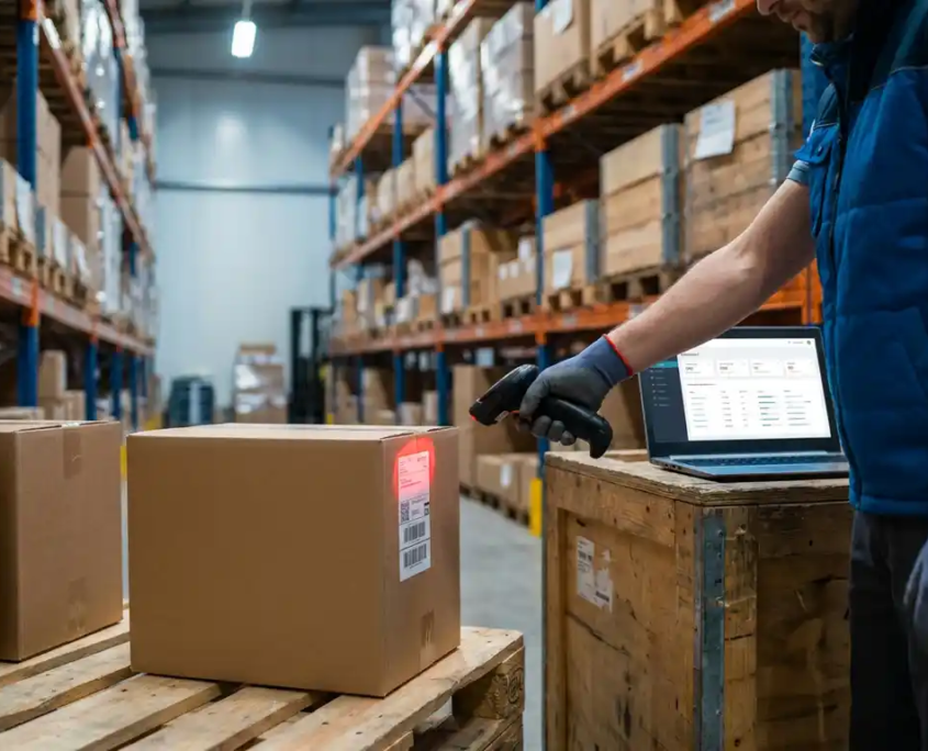 Lagerarbeiter scannt Barcode auf Karton mit Handscanner, im Hintergrund geordnete Metallregale mit Inventar, Laptop mit Dashboard im Vordergrund.