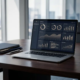 Laptop mit vernetzten Business-Dashboards auf Konferenztisch, umgeben von Ordnern, Stift und kleiner Pflanze im Büro.