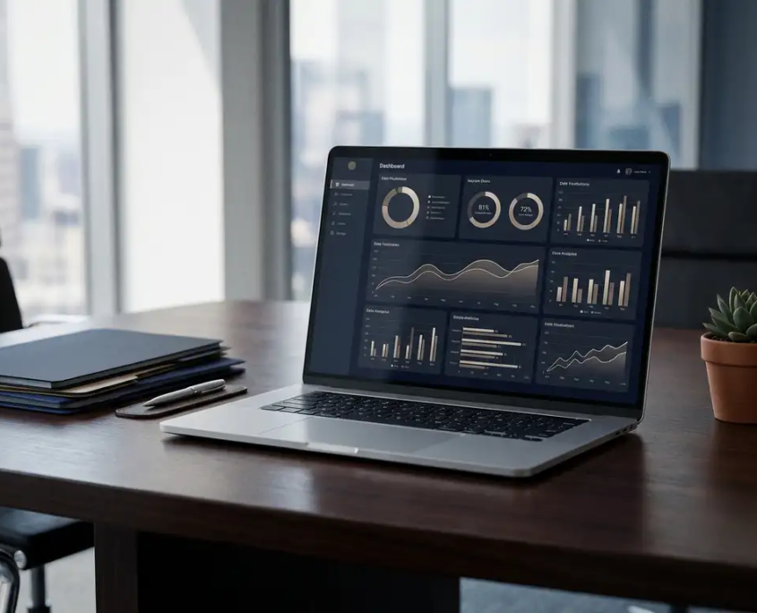 Laptop mit vernetzten Business-Dashboards auf Konferenztisch, umgeben von Ordnern, Stift und kleiner Pflanze im Büro.