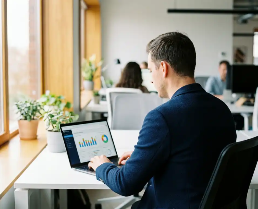 Marketingprofi analysiert Kunden-Analytics-Dashboard auf Laptop im modernen Büro mit natürlichem Seitenlicht.