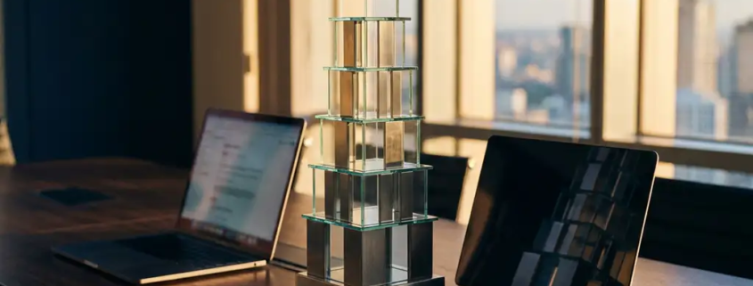 Modularer Glasstahl-Turm auf poliertem Konferenztisch neben aufgeklapptem Laptop, goldenes Fensterlicht, navy und Bernsteintöne.