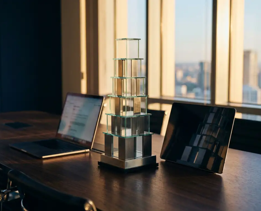 Modularer Glasstahl-Turm auf poliertem Konferenztisch neben aufgeklapptem Laptop, goldenes Fensterlicht, navy und Bernsteintöne.