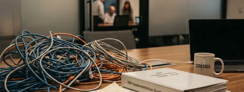 Verwirrtes Netzwerkkabel-Gewirr auf Schreibtisch neben ERP-Implementierungsordner, Haftnotizen und Kaffeetasse in IT-Beratungsbüro.