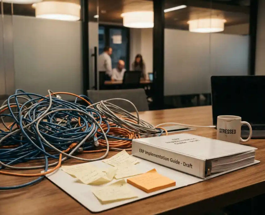 Verwirrtes Netzwerkkabel-Gewirr auf Schreibtisch neben ERP-Implementierungsordner, Haftnotizen und Kaffeetasse in IT-Beratungsbüro.