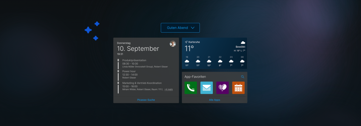 Abbildung des neuen individuell konfigurierbaren Dashboards der x18 im Light Mode mit den Kacheln Termine, Standort und App-Favoriten auf einem Verlaufshintergrund von Hellblau und Zartlila. Links daneben drei blaue Icons in Sternform.