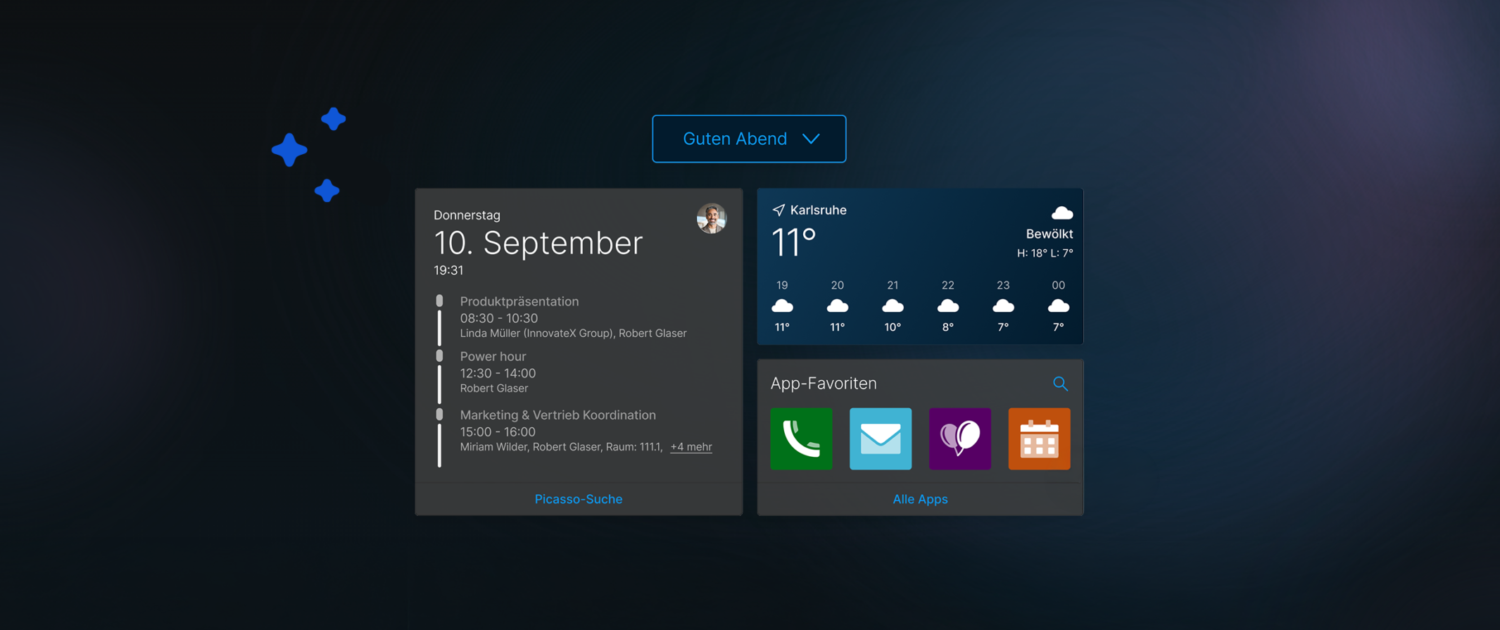 Abbildung des neuen individuell konfigurierbaren Dashboards der x18 im Light Mode mit den Kacheln Termine, Standort und App-Favoriten auf einem Verlaufshintergrund von Hellblau und Zartlila. Links daneben drei blaue Icons in Sternform.