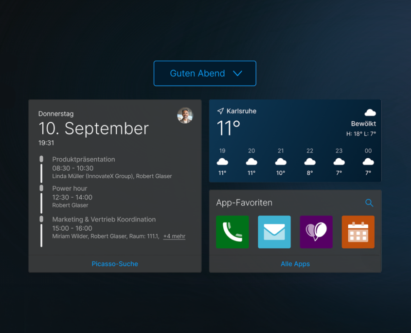 Abbildung des neuen individuell konfigurierbaren Dashboards der x18 im Light Mode mit den Kacheln Termine, Standort und App-Favoriten auf einem Verlaufshintergrund von Hellblau und Zartlila. Links daneben drei blaue Icons in Sternform.