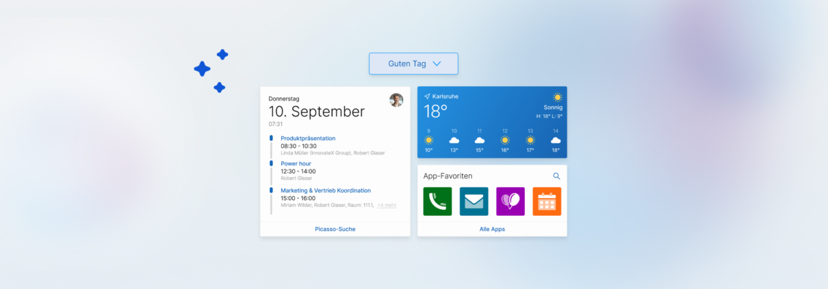 Abbildung des neuen individuell konfigurierbaren Dashboards der x18 im Light Mode mit den Kacheln Termine, Standort und App-Favoriten auf einem Verlaufshintergrund von Hellblau und Zartlila. Links daneben drei blaue Icons in Sternform.
