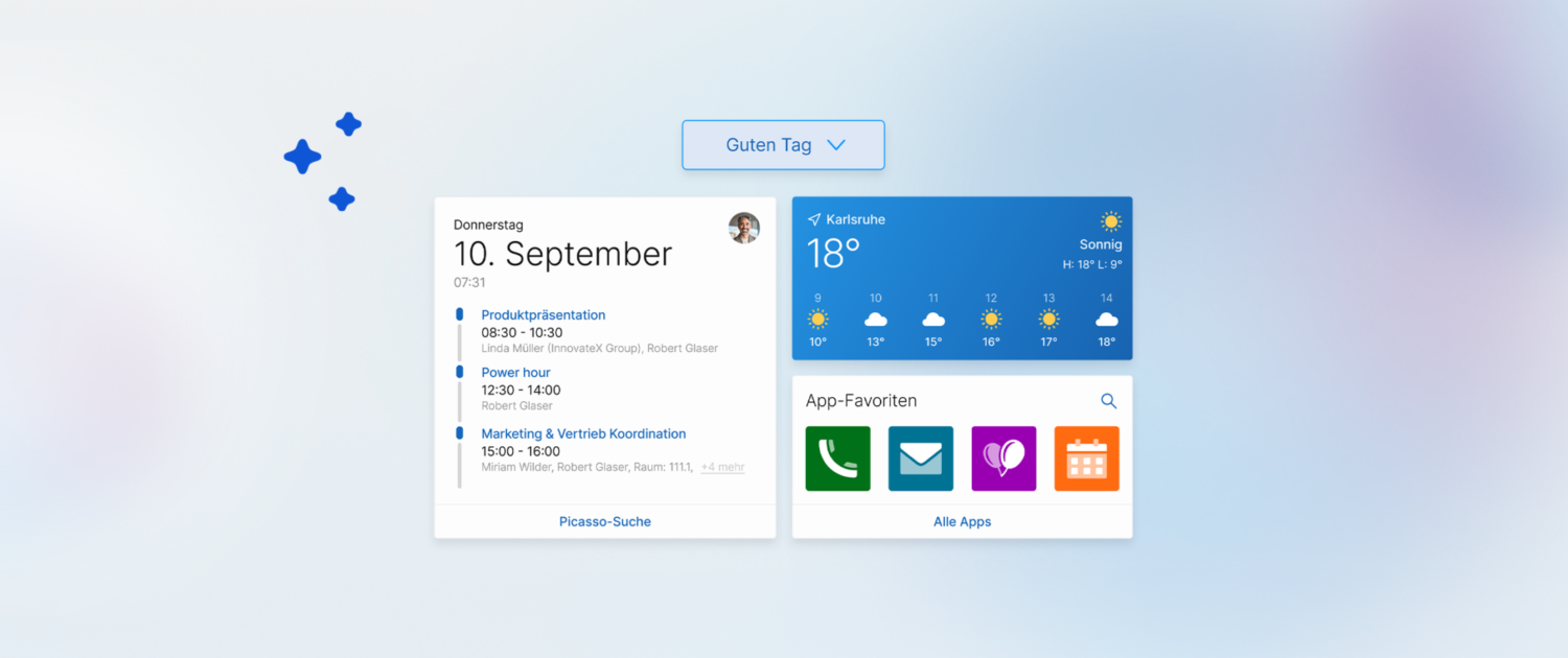 Abbildung des neuen individuell konfigurierbaren Dashboards der x18 im Light Mode mit den Kacheln Termine, Standort und App-Favoriten auf einem Verlaufshintergrund von Hellblau und Zartlila. Links daneben drei blaue Icons in Sternform.