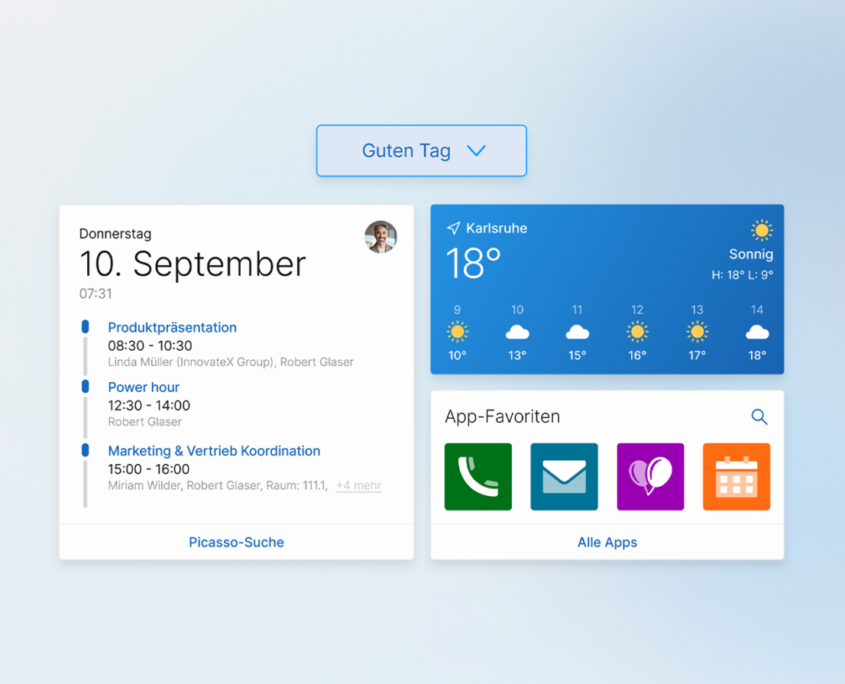 Abbildung des neuen individuell konfigurierbaren Dashboards der x18 im Light Mode mit den Kacheln Termine, Standort und App-Favoriten auf einem Verlaufshintergrund von Hellblau und Zartlila. Links daneben drei blaue Icons in Sternform.