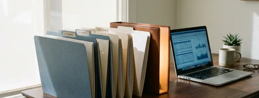 Geordnete Ablageordner konvergieren zu einem leuchtend bernsteinfarbenen Ordner auf modernem Schreibtisch mit geöffnetem Laptop.