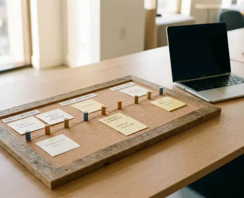 Farbcodierte Projekt-Roadmap auf modernem Schreibtisch mit Meilensteinen und Haftnotizen, Laptop im Hintergrund, professionelle Büroatmosphäre.