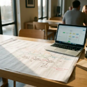Detaillierter Projektzeitplan auf Papierkalender, daneben Laptop, Kaffeetasse und Haftnotizen im modernen Büro, goldenes Morgenlicht.