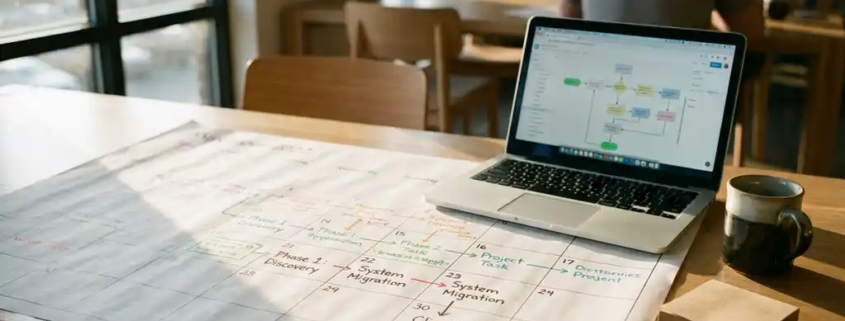 Detaillierter Projektzeitplan auf Papierkalender, daneben Laptop, Kaffeetasse und Haftnotizen im modernen Büro, goldenes Morgenlicht.