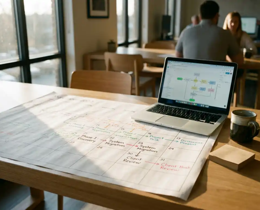 Detaillierter Projektzeitplan auf Papierkalender, daneben Laptop, Kaffeetasse und Haftnotizen im modernen Büro, goldenes Morgenlicht.