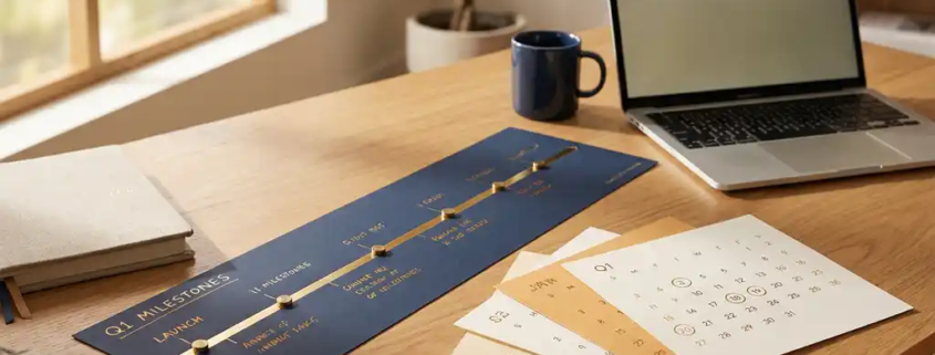 Projektzeitplan auf modernem Schreibtisch mit Kalenderseiten, Kaffeetasse und Laptop im warmen Bürolicht.