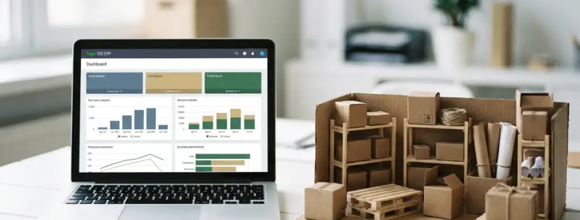 Sage 100 ERP-Dashboard auf Laptop neben Miniatur-Versandkartons und Lagerregalen auf weißem Schreibtisch.