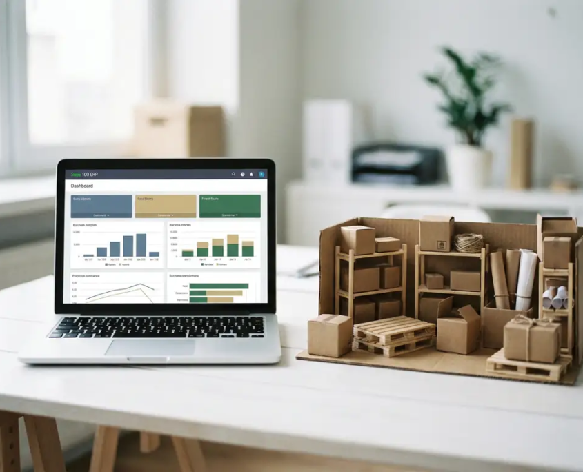 Sage 100 ERP-Dashboard auf Laptop neben Miniatur-Versandkartons und Lagerregalen auf weißem Schreibtisch.