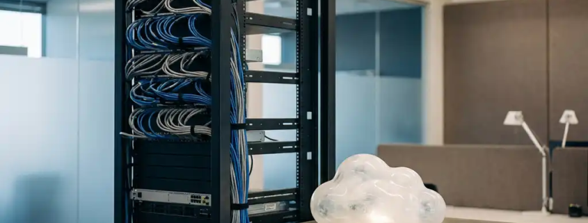 Server-Rack in modernem IT-Büro neben einer wolkenförmigen Glasskulptur auf poliertem Schreibtisch, ordentlich verlegte Kabel.