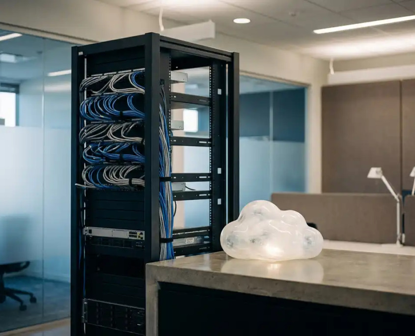 Server-Rack in modernem IT-Büro neben einer wolkenförmigen Glasskulptur auf poliertem Schreibtisch, ordentlich verlegte Kabel.