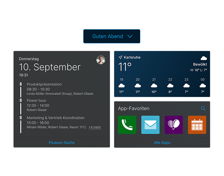 Darstellung des neuen individuell konfigurierbaren Dashboards der CAS genesisWorld x18 mit den Kacheln Termine, Wetter und App-Favoriten im Dark Mode.