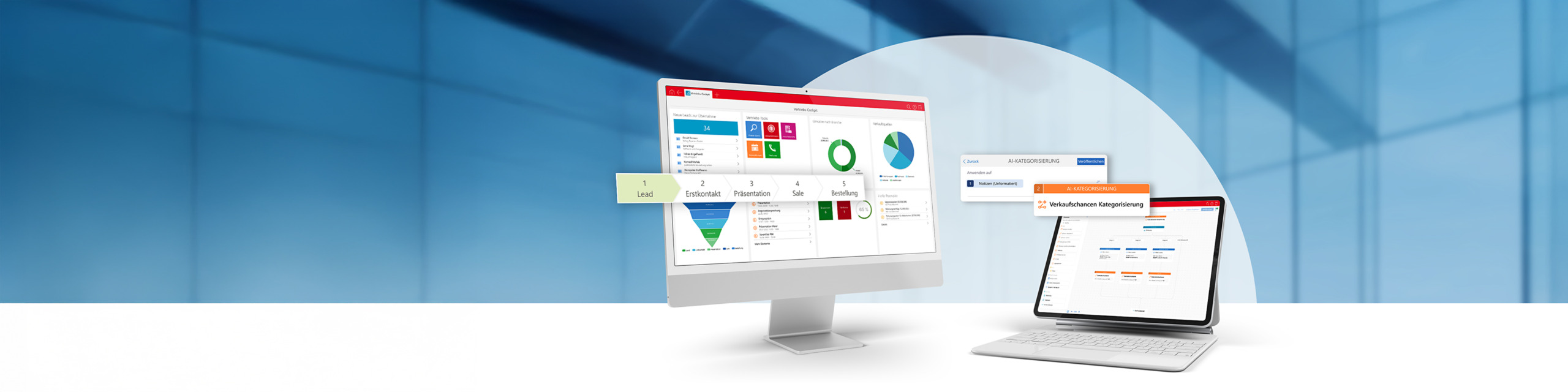 Es ist ein moderner Monitor mit dem Cockpit der CAS genesisWorld x17 zu sehen. Aus diesem heraus ragt eine Prozessabbildung mit den Worten Lead, Erstkontakt, Präsentation, Sales und Bestellung. Daneben, dem Monitor etwas zugewandt steht ein Laptop, auf dessen Bildschirm der Business Process Administrator zu sehen ist. Aus dem Laptop heraus ragen wieder zwei Bestandteile: die AI Kategorisierung Verkaufschancen und Notizen