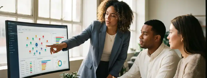 Drei Fachleute analysieren gemeinsam ein vernetztes Workflow-Dashboard auf einem Monitor in einem modernen, hellen Büro.