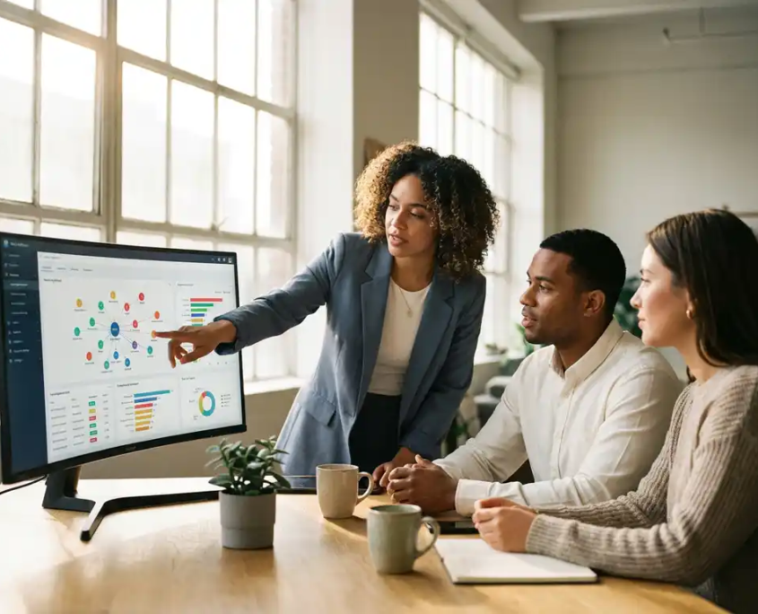 Drei Fachleute analysieren gemeinsam ein vernetztes Workflow-Dashboard auf einem Monitor in einem modernen, hellen Büro.