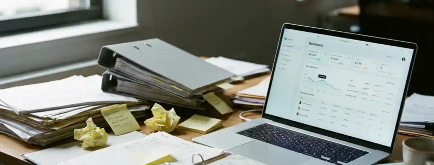 Überfüllter Schreibtisch mit Papierstapeln, Heftordnern und Haftnotizen neben einem modernen Laptop als Symbol digitaler Transformation.