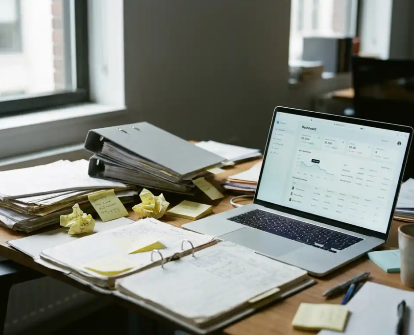 Überfüllter Schreibtisch mit Papierstapeln, Heftordnern und Haftnotizen neben einem modernen Laptop als Symbol digitaler Transformation.