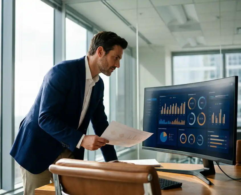 Unternehmensberater prüft gedruckte Berichte neben einem Monitor mit bunten KPI-Dashboards in einem modernen Glasbüro.