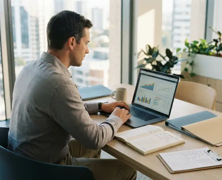 Unternehmensberater analysiert vernetzte Geschäftsdaten auf Laptop, umgeben von Ordnern, Hauptbuch und Inventarliste im modernen Büro.