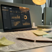 Zerknittertes Excel-Tabellenblatt mit Kundendaten auf modernem Büroschreibtisch neben Laptop mit CRM-Dashboard, Haftnotizen und zerbrochener Bleistift.