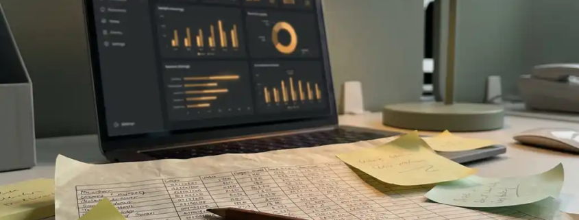 Zerknittertes Excel-Tabellenblatt mit Kundendaten auf modernem Büroschreibtisch neben Laptop mit CRM-Dashboard, Haftnotizen und zerbrochener Bleistift.