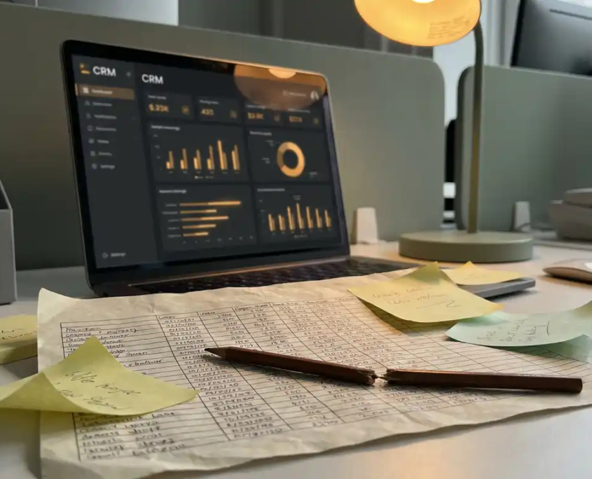 Zerknittertes Excel-Tabellenblatt mit Kundendaten auf modernem Büroschreibtisch neben Laptop mit CRM-Dashboard, Haftnotizen und zerbrochener Bleistift.