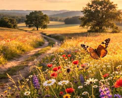 Aufnahme einer in goldenes Licht getauchten Landschaft mit Bäumen, weiten Blumenwiesen und einem Weg, der eine Kurve ach links macht. Rechts im Bild flattert im Vordergrund ein braun-schwarzer Schmetterling.