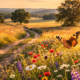 Aufnahme einer in goldenes Licht getauchten Landschaft mit Bäumen, weiten Blumenwiesen und einem Weg, der eine Kurve ach links macht. Rechts im Bild flattert im Vordergrund ein braun-schwarzer Schmetterling.